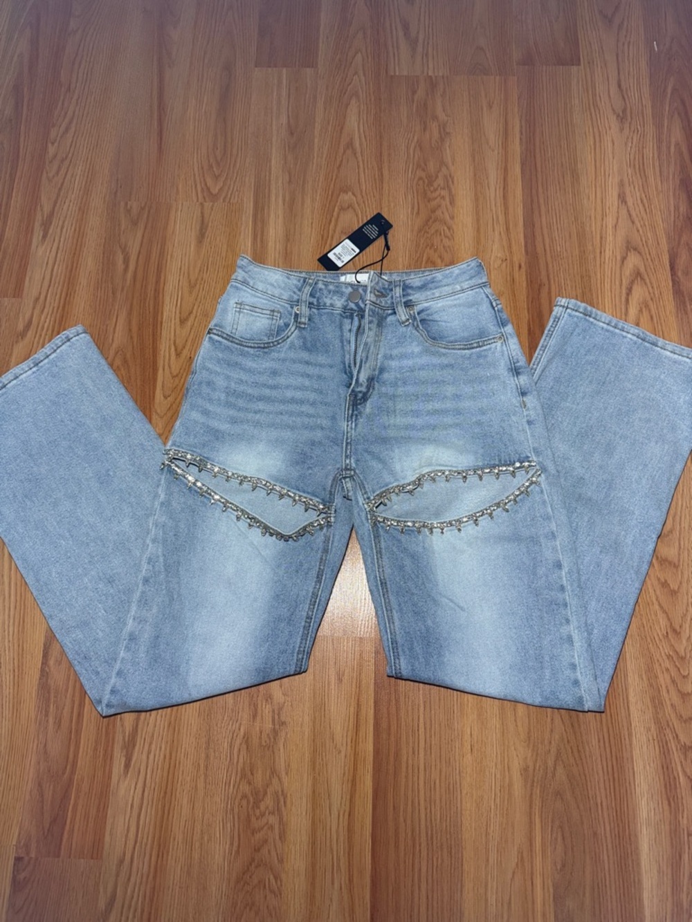Fashion Nova Light Blue Straight Leg Jeans with Rhinestone Trim